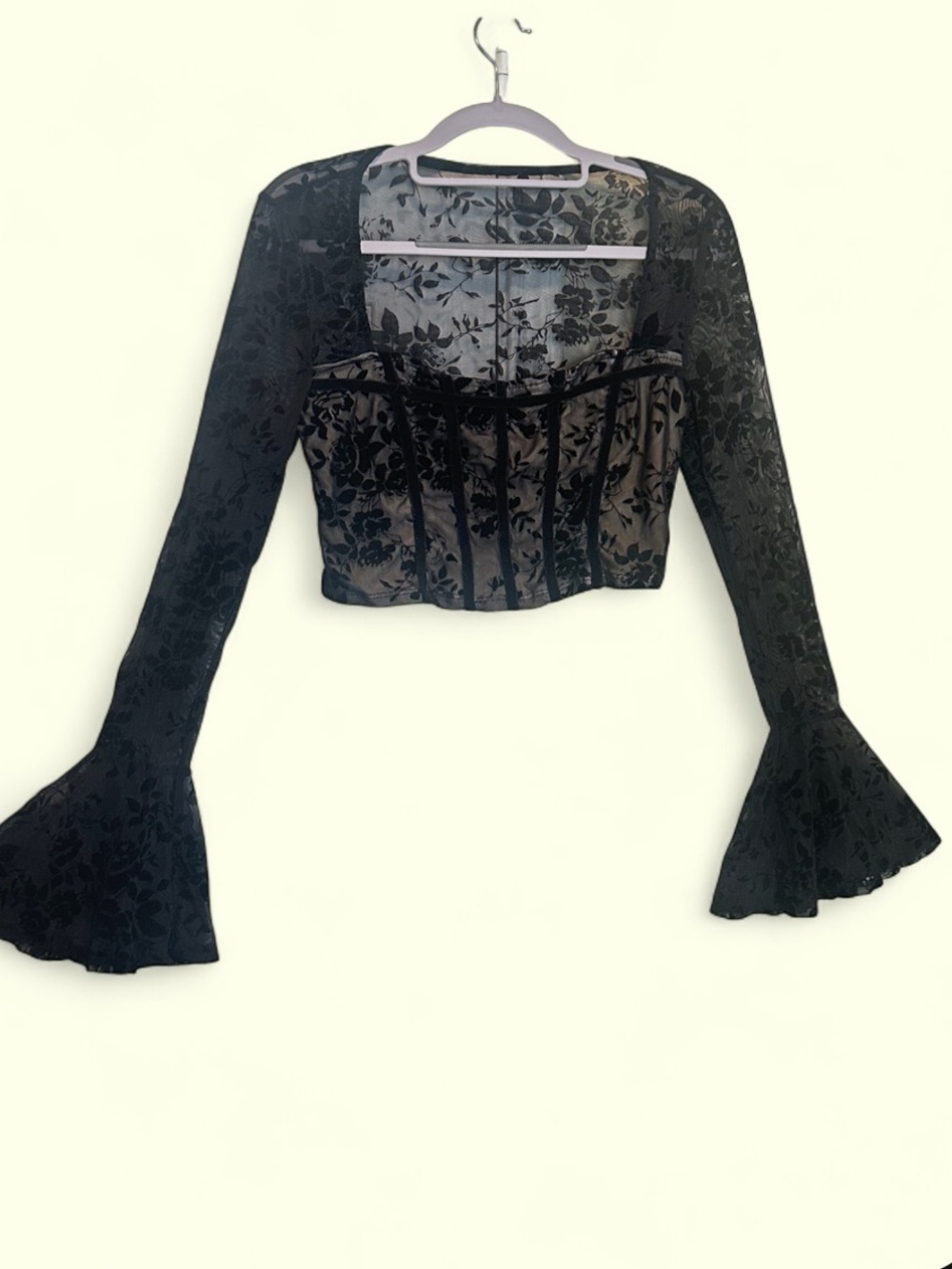 Black whimsigoth fairy grunge velvet floral mesh bell sleeve corset crop top